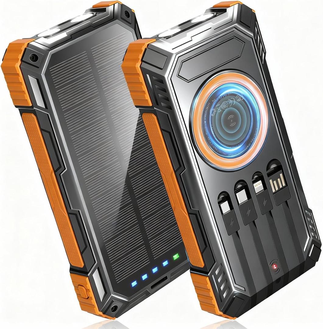 Solar Power Bank,49800mAh Wireless Portable Phone Charger with Built-in 4 Cables,22.5W Fast Charging External Battery Pack PD 3.0 USB-C In/Output for iPhone,iPad,Android,Perfect for Camping, Hiking (Orange)
