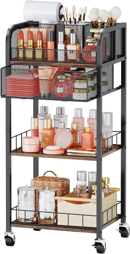 HapiRm Makeup Organizer Storage Cart - 4 Tier Skincare Make Up Storage with Drawer, Rolling Makeup Cart Vanity Organizer Cosmetics Display Cases Holder for Skin Care Perfume Nail Polish Brush (Black)