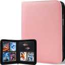 BYSTER 4 Pocket Card Binder, Premium PU Trading Card Binder with Zipper, 160 Capacity Side-Loading Binder for TCG, MTG, Sports Cards, Game Cards, Pink
