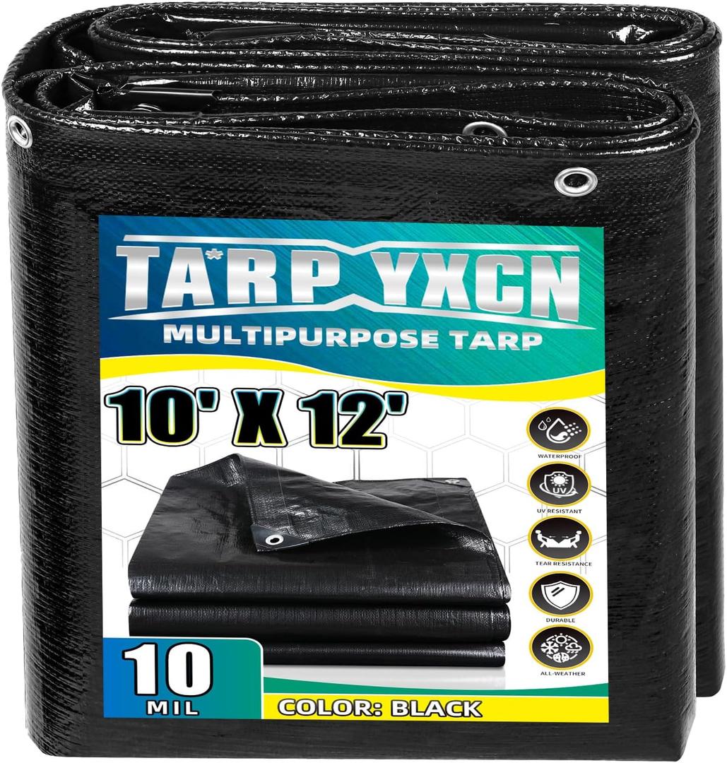 Black Tarp 10x12 Feet, 10 Mil Thick Waterproof Poly Tarps Cover UV Resistant, Rip & Tear Proof with Metal Grommets Every 20 Inches