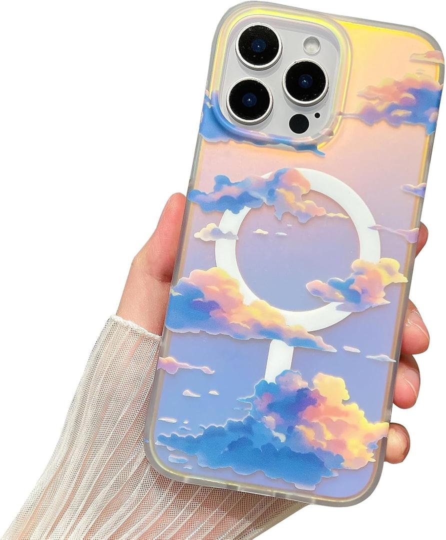 for Cute iPhone 16 Pro Phone Case Iridescent Gradient Cloud Sunset Design Gorgeous Aesthetic Matte Finish Strong Magnetic Compatible with MagSafe Girly Stunning 16Pro Cover for Women Girls