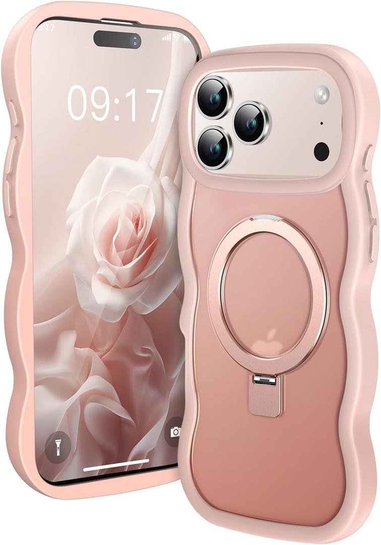 [Cute Wave Frame+Mag Stand] Designed for iPhone 17 Pro Max Case, [Fit for MagSafe] Translucent Silicone Protective Magnetic Ring Phone Case Cover for iPhone 17 Promax 6.9 inch Men Women, Pink