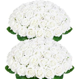 BLEUM CADE 50 Pcs White Roses Artificial Flowers, Real Touch Velvet Roses Fake Flowers Bulk, Artificial Roses Bouquet with Long Stems Bridal DIY Wedding Party Centerpiece Decorations