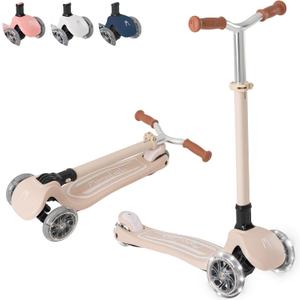 MomnLittle Kick Scooter for Kids Ages 3-10 (Beige/Pink/Navy/White) 3 Wheeled with LED Light-Up Wheels CPSC Certified Foldable and 4 Height Adjustable Toddler Scooters for Boys Girls