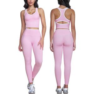 ABOCIW Womens Color Block Workout Sets Racerback Tank Top High Waist Leggings Gym Set Yoga Pilates Outfits, Pink, Size M