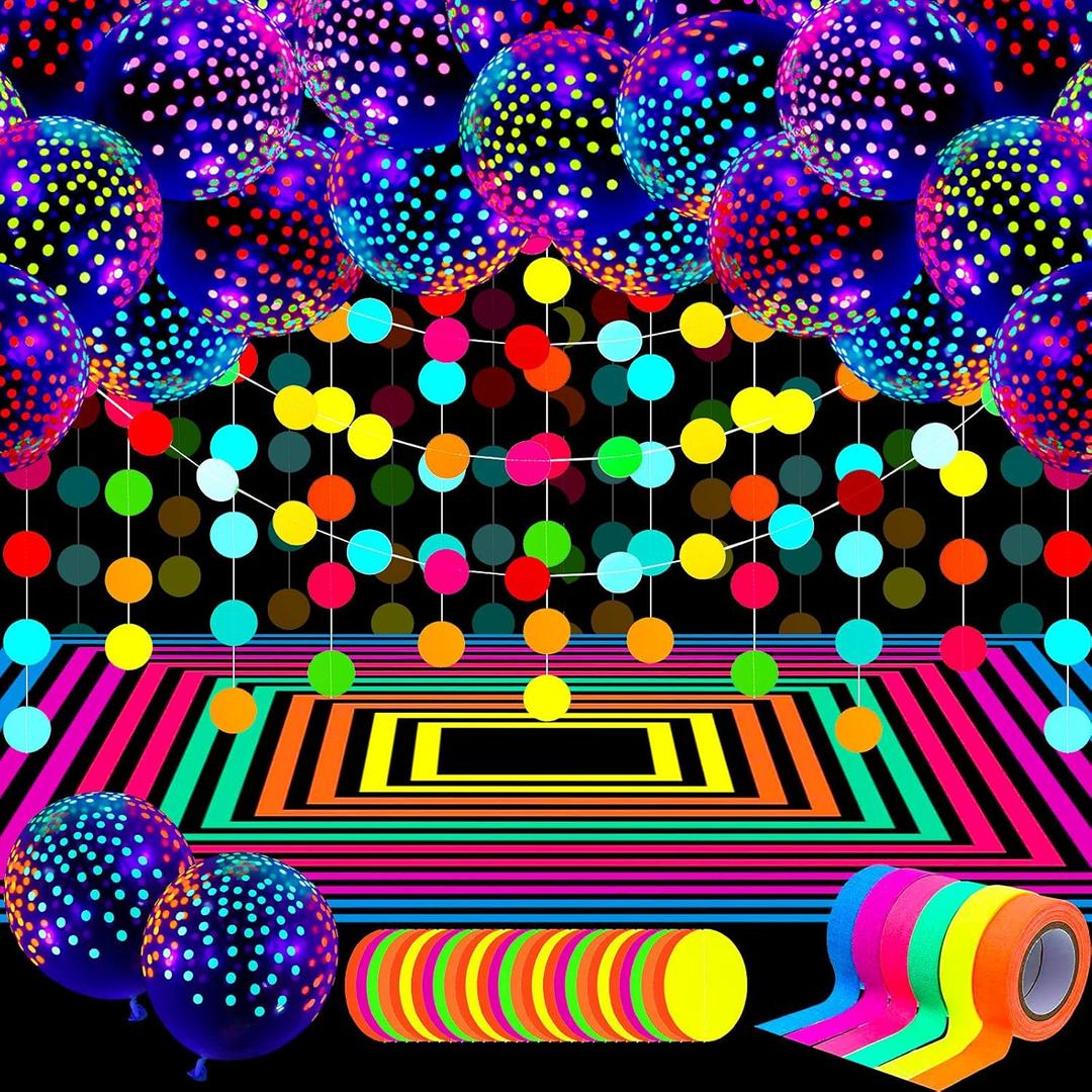 32 Pcs Glow in The Dark Party Supplies 25 Pcs Fluorescent Balloon 6 Rolls 98.4 ft UV Blacklight Luminous Tape 14.4 ft Neon Streamer Garland Glow Neon Party Decoration for Halloween(Clear Dot)