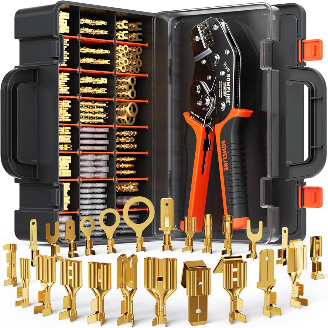 SOMELINE Spade Terminal Crimping Tool Kit AWG 24-14, 24 Types 2.8/3.9/4.8/6.3 mm Male & Female Quick Disconnect Non-Insulated Connectors - Open Barrel Crimping Tool