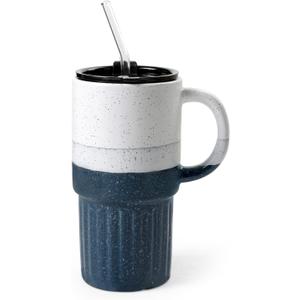 Ceramic Car Cup with Handle and Straw, 20oz Travel Mug with Lid, Large Portable Coffee Tumbler for Hot & Cold Beverages  Modern Tri-Color Design (Blue)