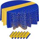 Newwiee 6 Pcs 84 Inch Polka Dot Round Disposable Tablecloths Plastic Table Cover Plastic Table Cloth with Runner Printed for 2025 Graduation Birthday Party Wedding Prom (Blue,Gold)