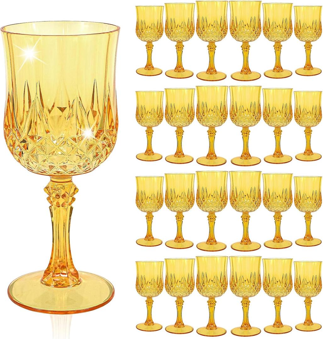 24 Pcs Gold Plastic Wine Glasses, Plastic Goblets for Parties, Vintage Wine Glasses Bulk, Reusable Drinking Glass, Drinkware Cups for Wedding Party Reception Event Supplies