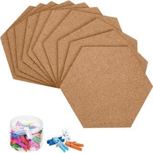 HBlife Hexagon Cork Board Tiles 10 Pack Self-Adhesive Corkboards for Wall Pin Board Decorative Bulletin Board for Office Home Kitchen with 50 Multi-Color Push Pins