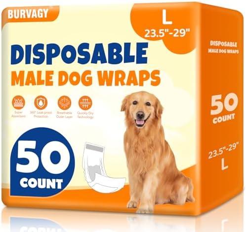 BURVAGY 50 Count Disposable Male Dog Wraps, Male Dog Diapers, Super Absorbent Pee Wraps, Belly Bands for Dogs, Leak Proof, Wetness Indicator, Puppy and Doggie Diaper for Peeing, Large