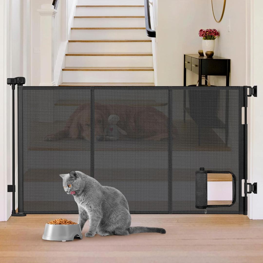 Reinforced 60 Wide Retractable Baby Gate with Cat Door 33 Tall Retractable Pet Gates with Reinforced Strips Mesh Dog Gate with Cat Door Mesh Gates for Kids or Pets Cats Can in and Out Freely,Black
