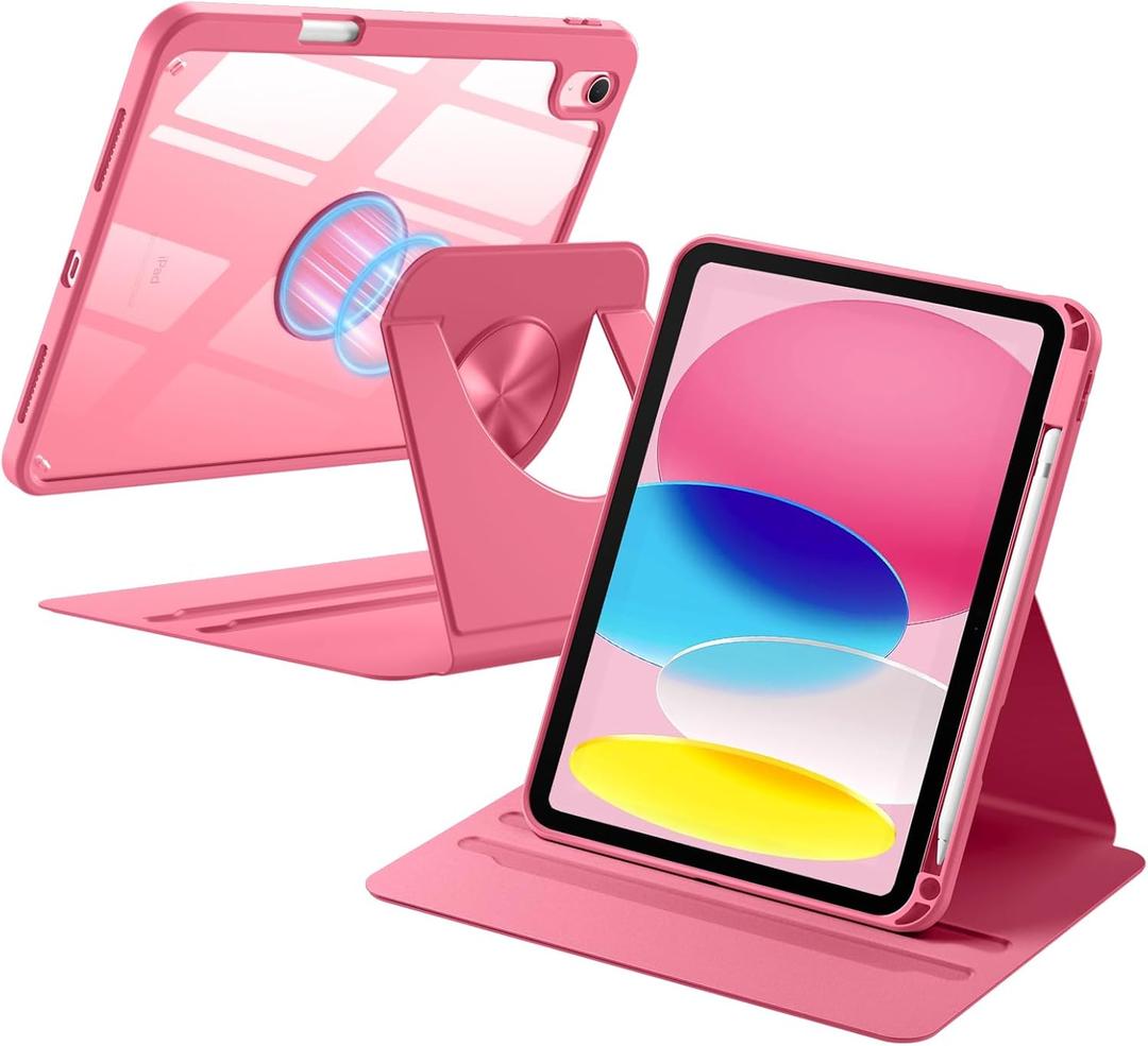 Wenlaty for iPad A16 11th Generation Case 11 Inch 2025, for iPad 10th Generation Case 10.9 Inch 2022 with Pencil Holder, 360 Rotating Protective Cover, Detachable Magnetic Back, Watermelon Pink