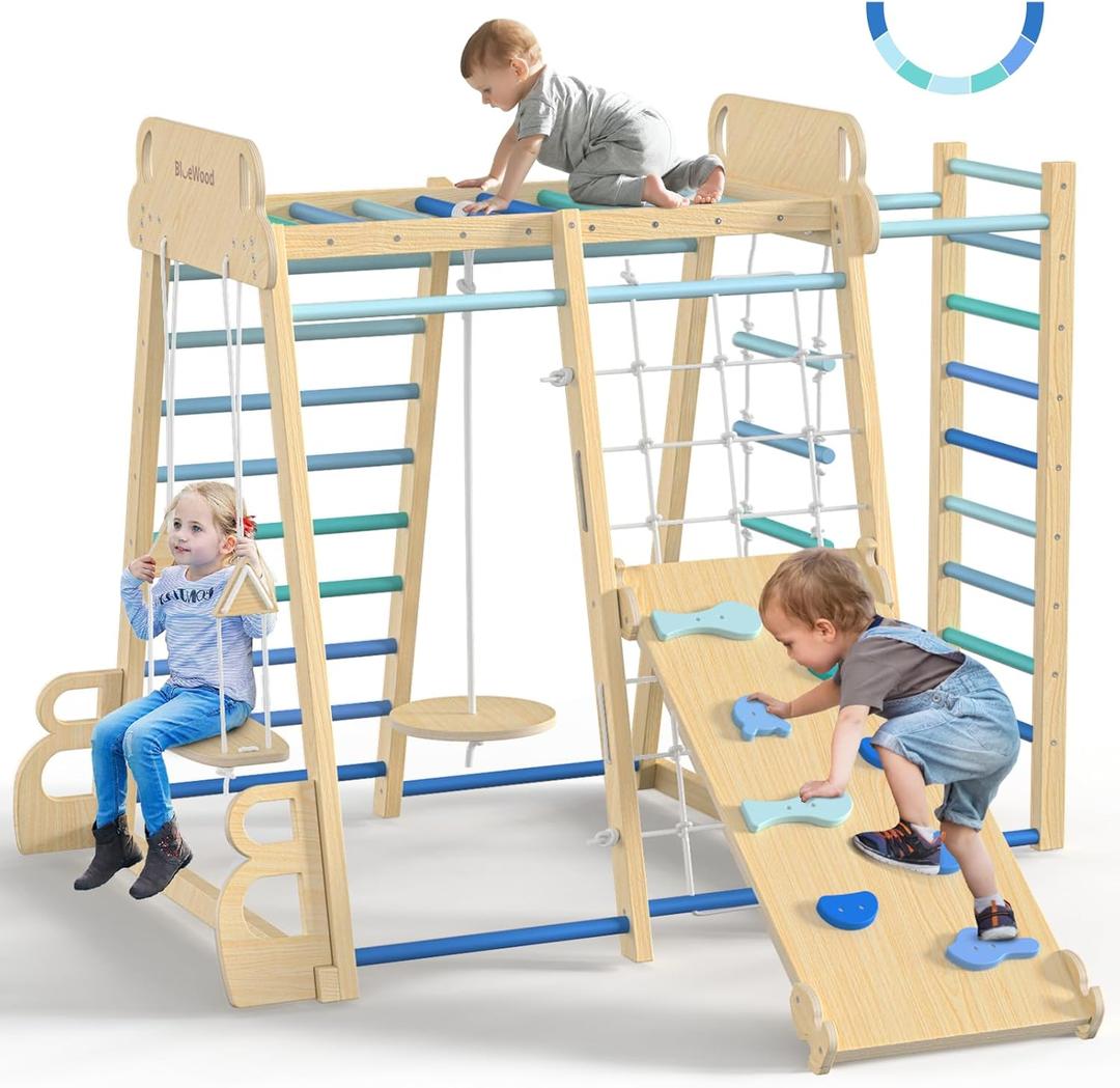 Upgraded Indoor Playground 9-in-1 Jungle Gym Kids Climbing Toys, Montessori Philosophy Waldorf Style Wooden Climber Playset with Slide, Swing, Monkey Bars, Upright/Rope Ladder, Climb Net, Blue