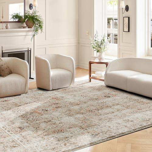 LIMON HOME Beige Rug 8x10 for Bedroom,Light Beige Area Rug,Floral Washable Rugs for Dining Room, Bedroom,Vintage Upgraded Anti-Slip Backing Thick Area Rug 8X 10