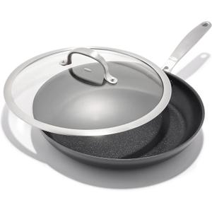 OXO Enhanced 12" Frying Pan Skillet with Glass Lid, PFAS-Free Ceramic Nonstick, Durable Hard Anodized, Scratch Resistant, Stainless Steel Handle Good Grip, Dishwasher Safe, Oven Safe, Black