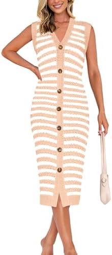 BTFBM Casual Women Spring Dresses 2025 Sleeveless Striped Midi Button Down Dress Ribbed Knit Cardigan Cover Up Dress, Peach Color, Size Small
