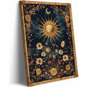 Sun and Moon Celestial Canvas Wall Art Tarot Crescent Moon Wall Decor Pictures Gothic Wildflowers Painting Posters Prints Aesthetic Dark Academia Vibe Artwork For Bedroom Home Decor Framed (12Inx16In Canvas)