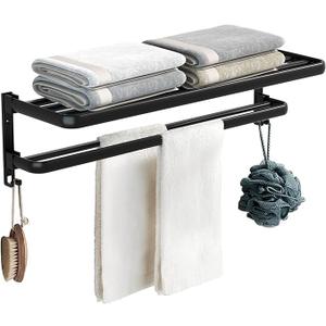 Towel Racks for Bathroom 24in, Grey Towel Rack Wall Mounted, Double Layer Foldable Bathroom Towel Rack, Widen Towel Shelf with Flat Towel Bar for More Stable Storage 