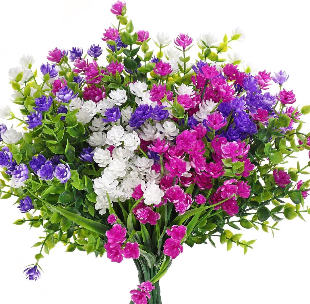 WILLBOND 12 Bundles Artificial Flowers Outdoor, UV Resistant Faux Artificial Plants Shrubs Plastic Flower Bulk for Hanging Planter Porch Window Home Spring Summer Decor(Fuchsia, White, Purple)