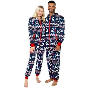 Giggling Getup Matching Pajamas for Couples, Christmas Pajamas for Women and Men, Nordic Reindeer Pattern Hooded Jumpsuits, Pack 2, S/L