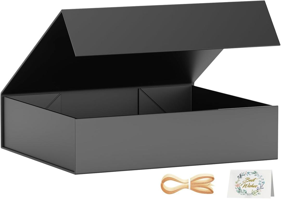 Gift Boxes with Lids, 11.5x7.8x3 In Black Gift Box for Presents Magnetic Closure for T-Shirts, Gloves, Scarves, Books, Baby Clothes, Robes Clothing Gift Wrap, Contains Card, Ribbon