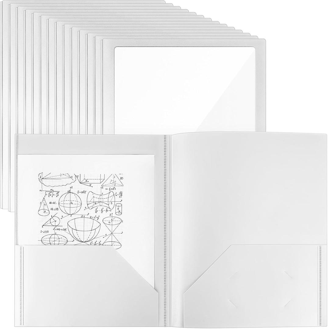 Teling 24 Pcs Plastic Folders with Front Clear Pockets and Business Card Holder 2 Pockets Folders for Letter Size Paper, School Office Financial Statements Supplies Nice Gift for School (White)