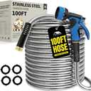 Lefree 100ft Metal Garden Hose - Heavy Duty 304 Stainless Steel Flexible Water Hose, No Kinks & Leak-Proof with Upgraded Handle, 10-Function Spray Nozzle & 4 Spare Gaskets for Yard, RV, Pet Bath (Silver)