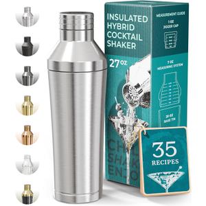 BARE BARREL Insulated Cocktail Shaker Set | Double Wall Stainless Steel | Martini Shaker for Home Bar Bartending | Builtin Drink Measure System & Strainer, Travel Bag, Recipes | Gift Set (Silver)