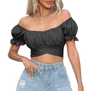 COOUFE Women's Crop Tops Ruffle Short Sleeve Tie Back Summer Off Shoulder Top Blouse, M