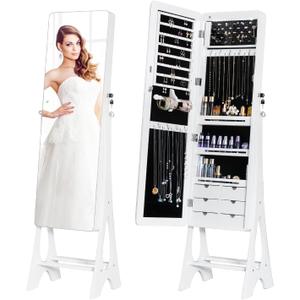 Mirror Jewelry Cabinet Standing, Full Length Mirror Jewelry Armoire Jewelry Organizer Lockable Jewelry Storage for Women Girl Full-Length Frameless LED Lights 6 Drawers Lockable White