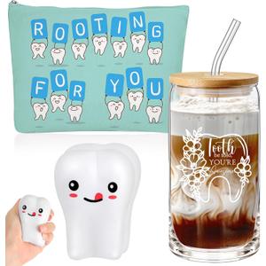 Sliner 3 Pcs Dental Hygiene Gifts Dental Assistant Gifts 16 oz Glass Cup Makeup Bag Teeth Stress Toy for Women Nurse Assistant Retirement Graduation Birthday Christmas Dentist Accessories(Multicolor)