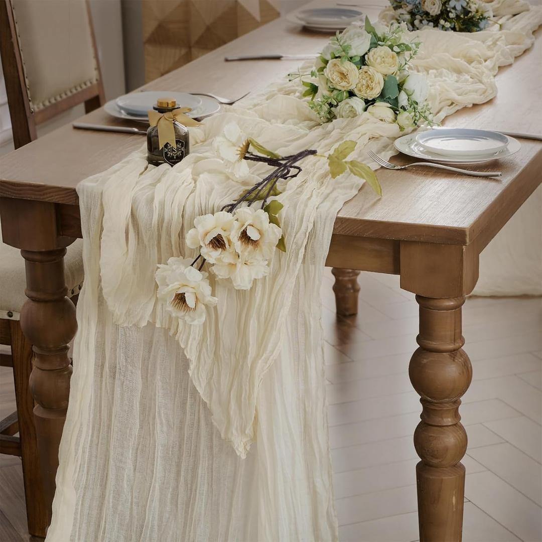 Cheesecloth Spring Table Runner 10 Feet 1 Pc Boho Gauze Long Rustic Graduation Sheer Beige 4th of July Table Runners for Baby Bridal Shower Wedding Birthday Party Decoration