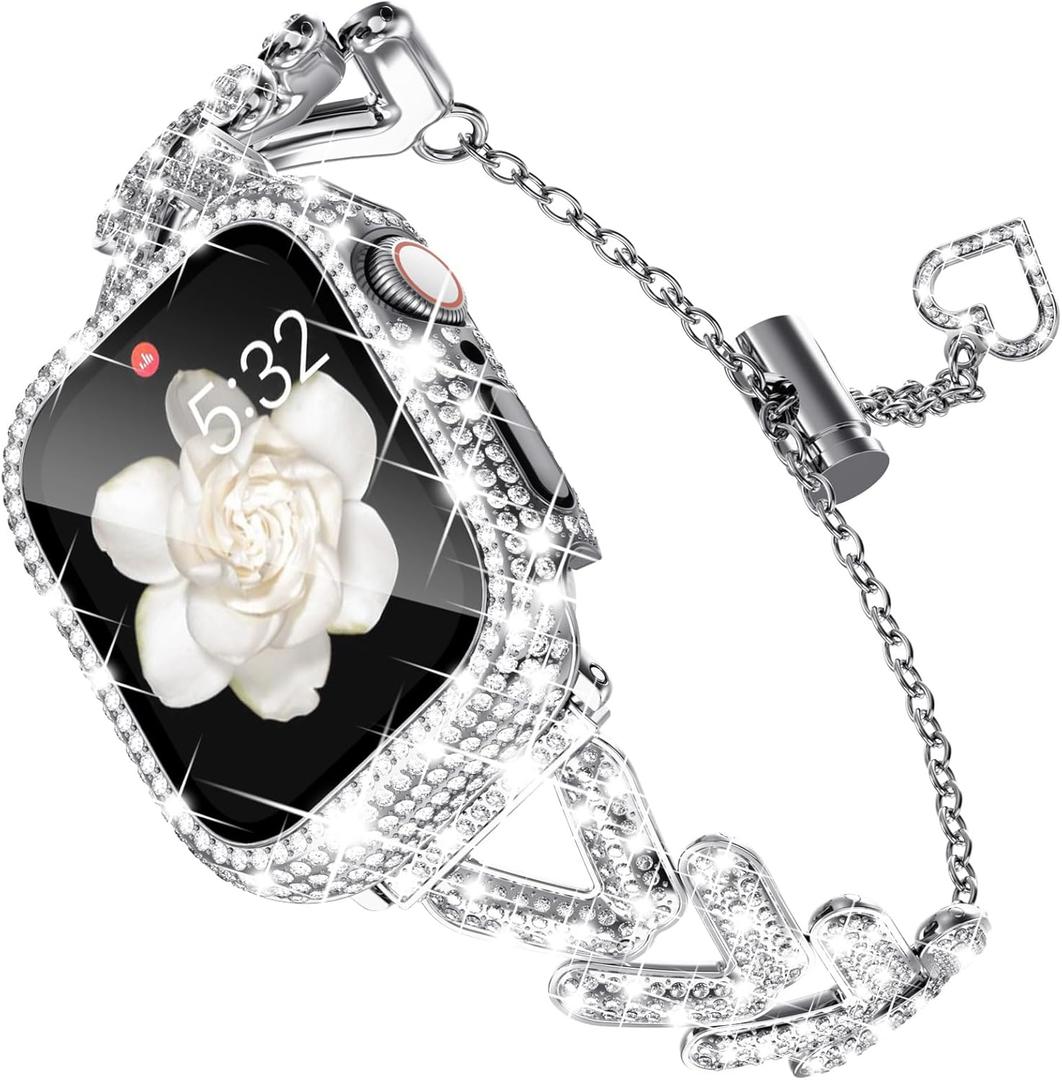 KADES Band & Case Designed for Apple Watch Series 46mm 45mm 44mm 42mm 41mm 40mm 38mm for Women, Metal Strap with Bling Rhinestone Screen Protector Cover for iWatch 10 9 8 7 6 5 4 SE SE2 3 2 1