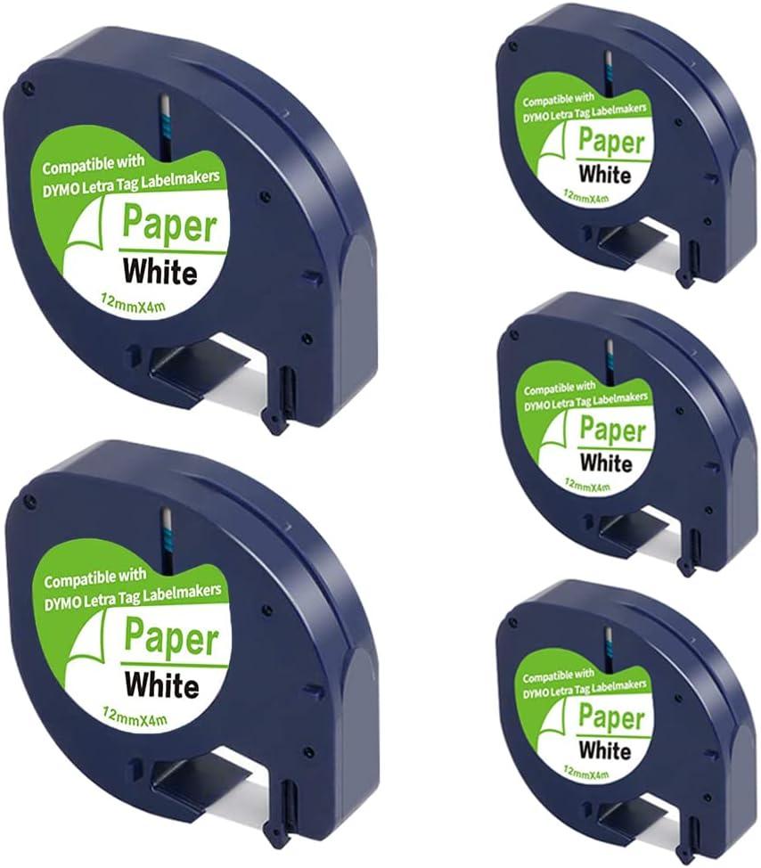 6-Pack Compatible Label Tape for DYMO LetraTag Refills 91330 10697 S0721510, 12mm White Thermal Label Maker Tape, Work with DYMO LetraTag LT-100H LT-100T Plus 200B QX50 XR XM 2000