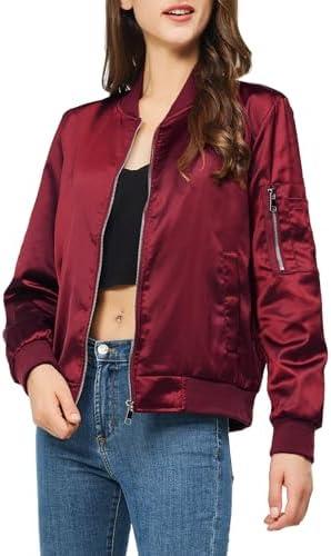 YEABEDA Satin Bomber Jacket Women Casual Fall Varsity Jackets Zip Up Outerwear Windbreaker with Pockets Size M