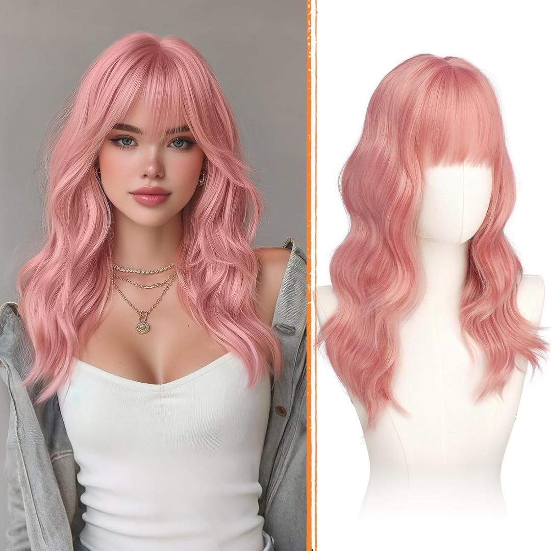 Haloo Pink Wigs with Bangs - 20 Inch Long Soft Wavy Natural Looking Synthetic Heat Resistant Hair Wig for Women Daily Party