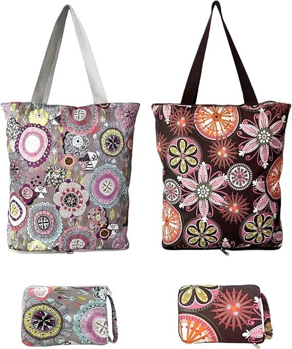 NC Large Foldable Waterproof Lightweight Durable Reusable Grocery Tote Bags, Sturdy Daily Shopping Tote Bag, Colorful Floral Style with Zipper Closure, 2 Pack