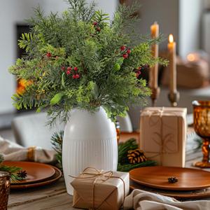 Artificial Christmas Norfolk Pine Branches Christmas Artificial Pine Branches with Red Berry Stems Pinecone Garland Stems Decor Faux Cedar Picks Real Touch Evergreen Realistic Plant Leaves16.5"(6PCS)