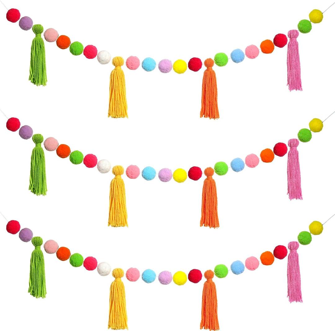3Pcs Colorful Pom Pom Garland Back to School Rainbow Hanging Tassel Felt Ball Banner Teacher Classroom Decor for Kids Elementary Nursery Baby Shower Party Decorations Wall Door Photography Prop