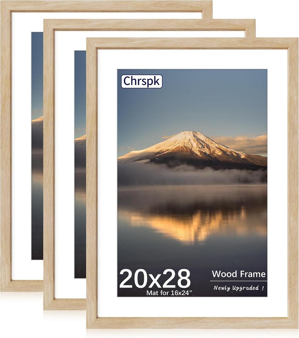 20X28 Poster Frame, Display Pictures 16X24 with Mat or 20X28 Without, Wall Hanging Frames, Natural Oak, 3 Pack