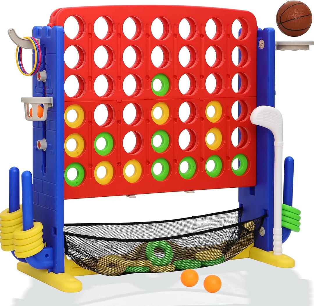 Giant 4 in A Row Game, Height Adjust Jumbo Yard Game Set for Kids & Adults with Mesh Catching Bag, Golf, Basketball Hoop & Ring Toss, 4-to-Score Connect Games for Indoor/Outdoor Fun