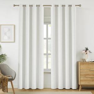Melodieux 100% Blackout White Linen Curtains 108 Inches Long for Living Room, Bedroom Light Blocking Thermal Insulated Burlap Textured Curtains, Elegant Farmhouse Grommet Drapes 52x108 inch, 2 Panels