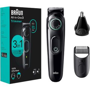 Braun All-In-One Style Kit Series 3 3430, 3-in-1 Trimmer for Men with Beard Trimmer, Ear & Nose Trimmer, Hair Clippers, Ultra-Sharp Blade, 20 Length Settings, Washable (5 Piece Set, Black)