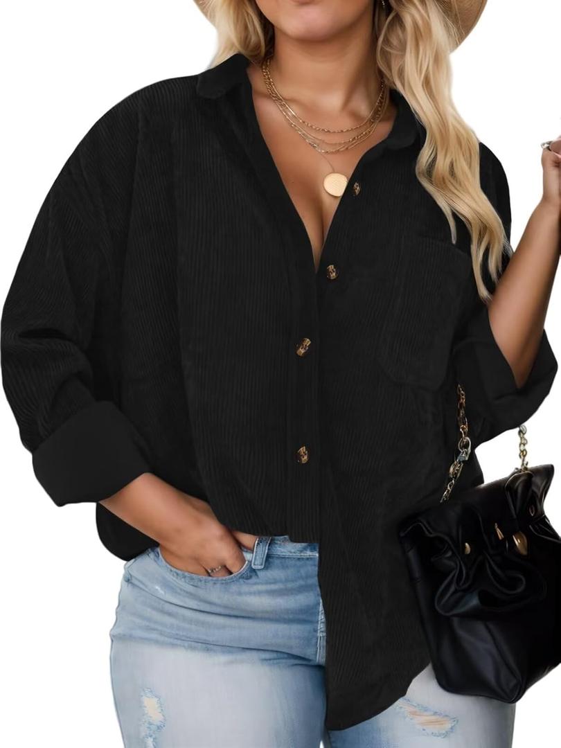 Plus Size Shackets for Women Fashion Fall Outfits Corduroy Shirts with Pockets Casual Long Sleeve Button Down Blouse Tops (X-Large Plus, Black)
