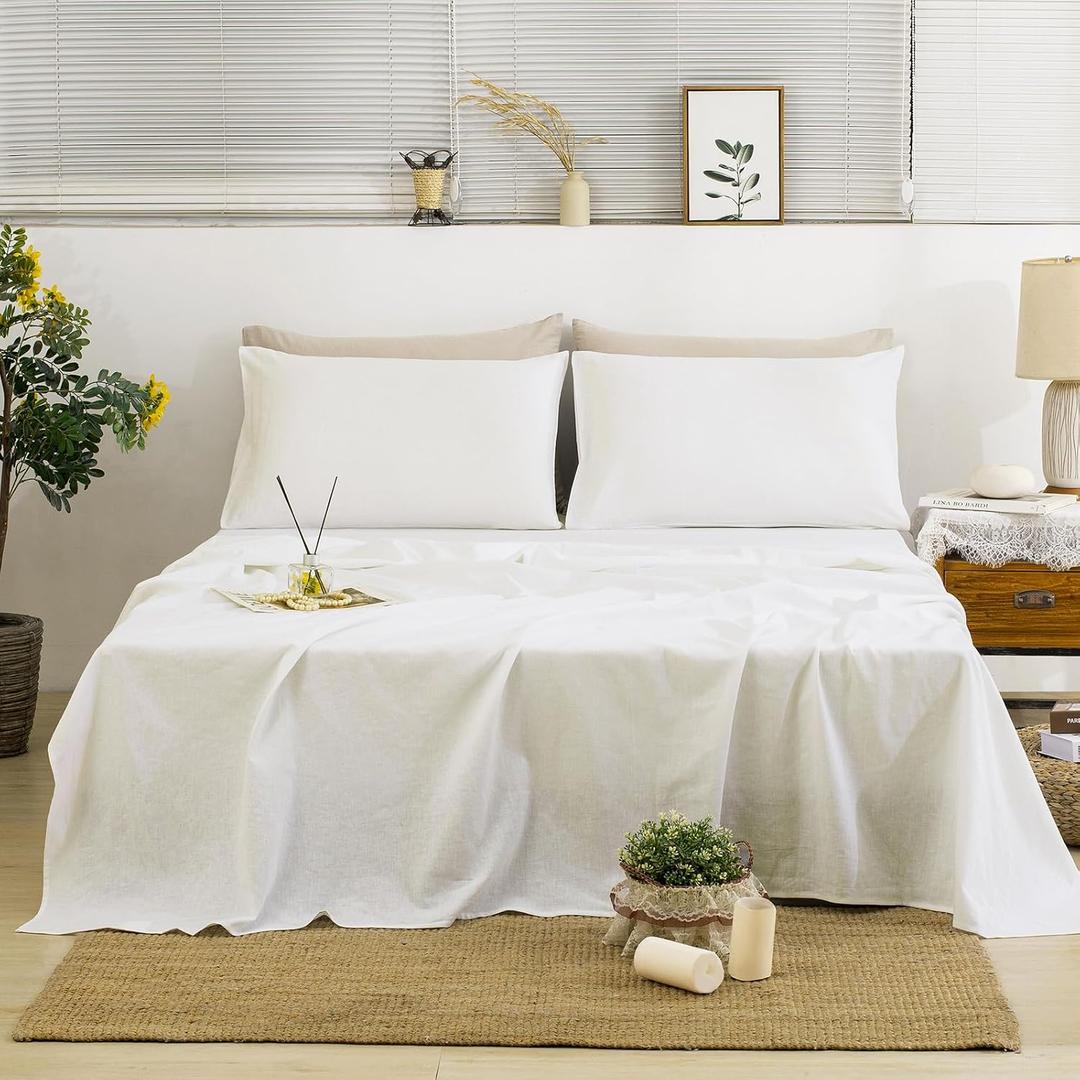 TUMEI 100% Linen Queen Bed Sheets Set - 4Pcs Linen Sheets Queen Size Bed Set with Soft Breathable and Durable Deep Pocket Fitted Sheet & Flat Sheet & 2 Pillowcases,White Queen