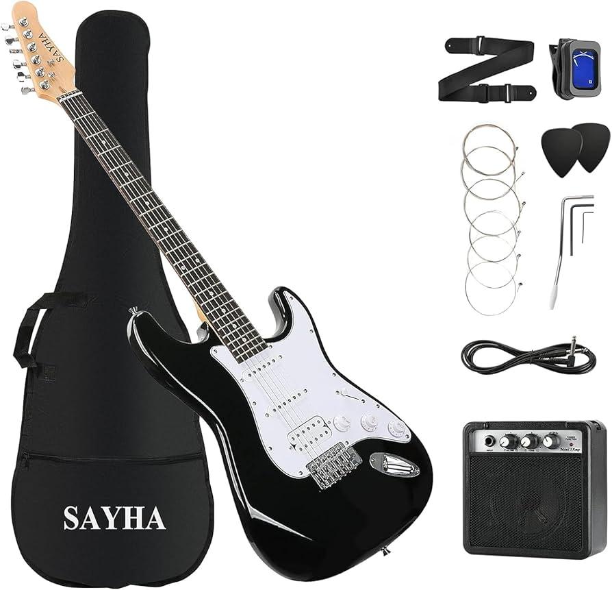 SAYHA Electric Guitar, 39 Inch Solid Full-size Electric Guitar HSS Pickups Starter Kit Includes Amplifier, Bag, Digital Tuner, Strap, String, Cable, Pick, (Black)
