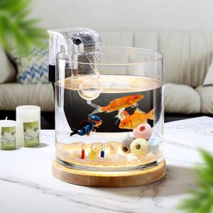 Aquarium Starter Kits 0.81-Gallon Fish Tank6 inches for Beginner Cylindrical Betta Fish Bowl with Wooden Base LED Light Water Pump Accessories Self-Cleaning Filter Copyright Patent