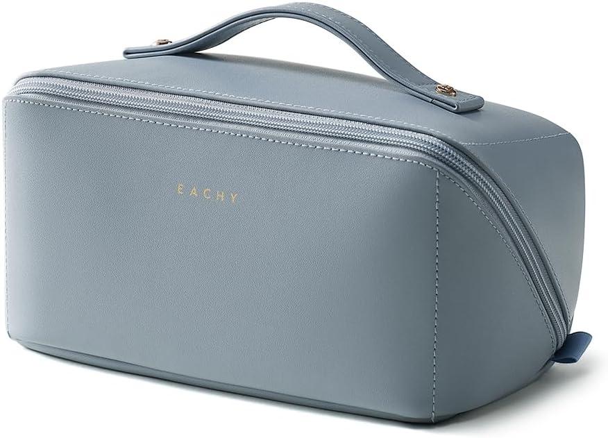EACHY Travel Makeup Bag, Large Capacity Cosmetic Bag for Women, Waterproof PU Leather, Flat Open Portable Toiletry Bag for Skincare, Brushes & Travel Essentials Blue M